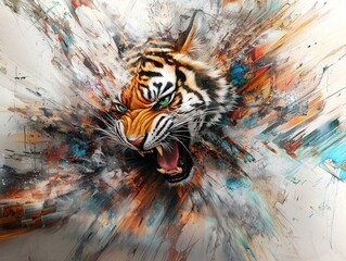 Fierce tiger head explodes outwards. Colorful art with bold expression and intense emotion