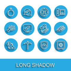 Set line Gold exchange money, Pickaxe, ring, bars with shield, Safe, Stacks paper cash and icon. Vector