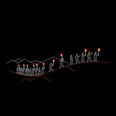 Obraz premium Torchbearers Ascending Mountain Paths in Symbolic, Minimalist Illustration