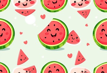 Adorable cartoon watermelon slices with happy faces and speech bubbles, seamless repeat pattern, illustration, emoji