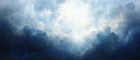 Obraz premium Ethereal cloudscape painting evoking a sense of wonder and serenity with dramatic lighting and soft texture creating a dreamy atmosphere