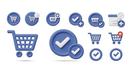 Blue 3D Rendered Shopping Cart Icons: Add to Cart, Checkout & Confirmation Symbols AI Generated