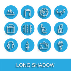 Set line Headphones with microphone, Rocket, Plane landing, Suitcase, Hot air balloon, Airport runway, Stewardess and Airplane seat icon. Vector
