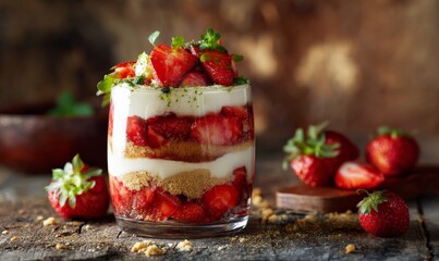 Strawberry cream cake on a wooden board with whole strawberries