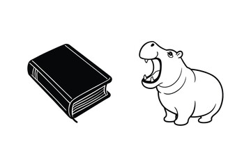 Book And Hippopotamus Cartoon Illustration In Black And White Simple Design