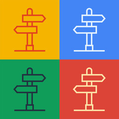 Pop art line Road traffic sign. Signpost icon isolated on color background. Pointer symbol. Isolated street information sign. Direction sign. Vector