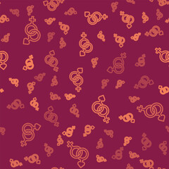 Brown line Gender icon isolated seamless pattern on red background. Symbols of men and women. Sex symbol. Happy Valentines day. Vector