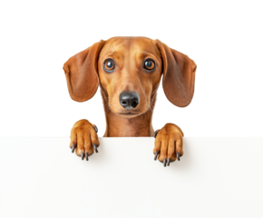 Cute dachshund peeking over white edge. Adorable pet peeking, empty sign peeking.

