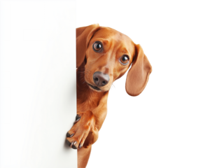 Dachshund dog peeking curious around white blank corner edge looking camera. Adorable curious brown puppy perfect for advertising messages or pet blogs. Such curious friendly expression.