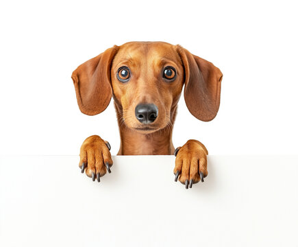 Cute dachshund peeking over white edge. Adorable pet peeking, empty sign peeking.
