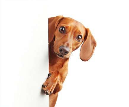 Dachshund dog peeking curious around white blank corner edge looking camera. Adorable curious brown puppy perfect for advertising messages or pet blogs. Such curious friendly expression. - Powered by Adobe