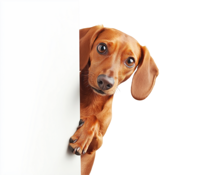Dachshund dog peeking curious around white blank corner edge looking camera. Adorable curious brown puppy perfect for advertising messages or pet blogs. Such curious friendly expression.