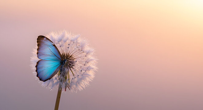 Fototapeta Delicate blue butterfly perched on a fluffy dandelion clock with seeds dispersing, captured against a soft focus sunset background scene.