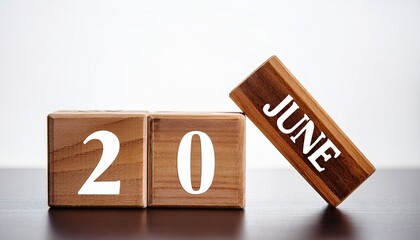 Minimalist photo of wooden blocks with date 20 June. Day and month, calendar on white background