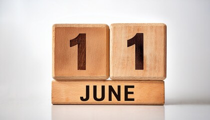 Minimalist photo of wooden blocks with date 11 June. Day and month, calendar on white background