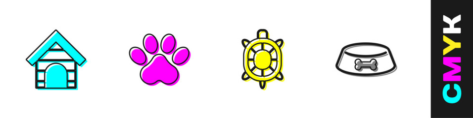 Set Dog house, Paw print, Turtle and Pet food bowl for cat or dog icon. Vector