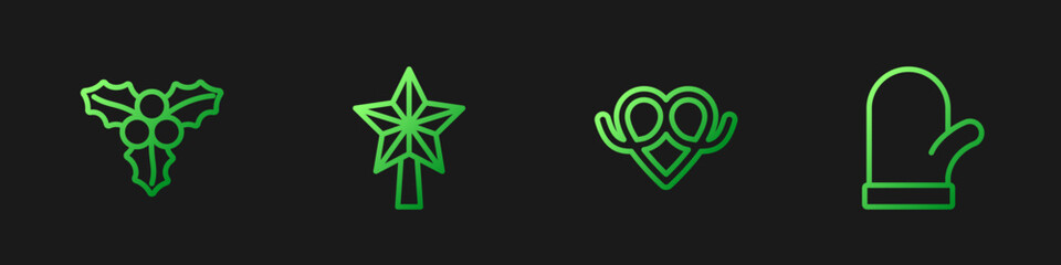 Set line Pretzel, Branch viburnum, Christmas star and mitten. Gradient color icons. Vector