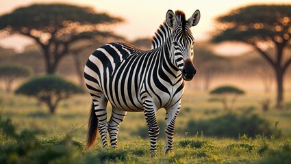 A majestic zebra stands proudly in the grasslands of Africa, basking in the golden glow of sunset