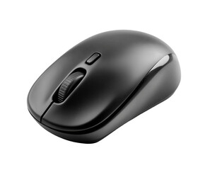 Black computer mouse isolated white background, essential office tool for navigation control. Sleek wireless mouse designed for comfort efficiency. Standard pc mouse perfect modern workspace.