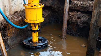 A water pump is positioned inside a muddy well at a construction site, actively removing water to facilitate ongoing digging operations while surrounded by wet soil and debris