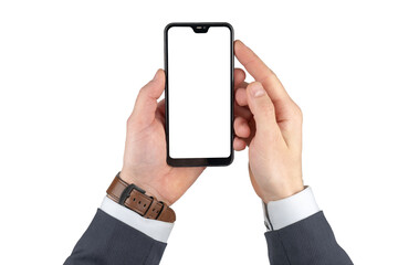 Hand in suit with watch holding phone with white screen