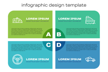 Set line Steering wheel, Tram and railway, Car and Cruise ship. Business infographic template. Vector