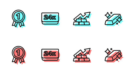 Set line Growth arrow with gold bars, Medal, Gold 24k and icon. Vector