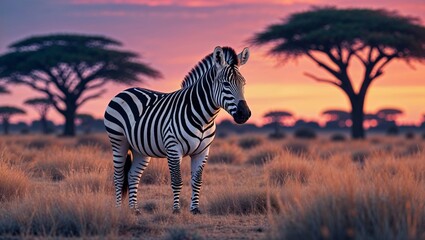 Naklejka premium A zebra peacefully grazes in vast golden grasslands, beautifully illuminated by a vibrant sunset sky filled with hues of orange and pink
