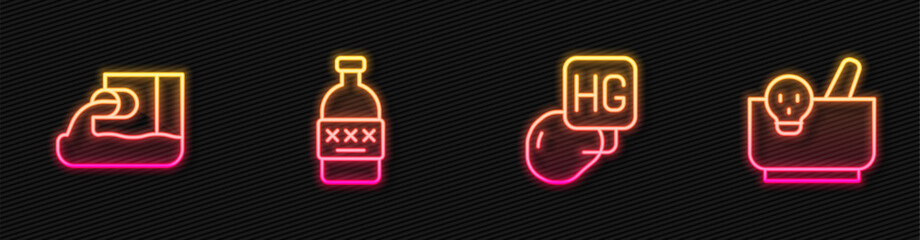 Set line Drop of mercury, Wastewater, Poisoned alcohol and Mortar and pestle. Glowing neon icon. Vector