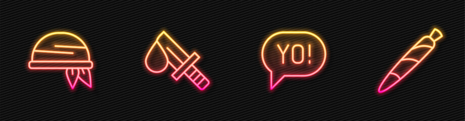 Set line Yo slang lettering, Bandana, Bloody knife and Marijuana joint, spliff. Glowing neon icon. Vector