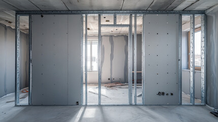 Construction workers are installing drywall in a modern workspace. The walls are framed with metal studs, and natural light enters through large windows. Tools and materials are scattered around