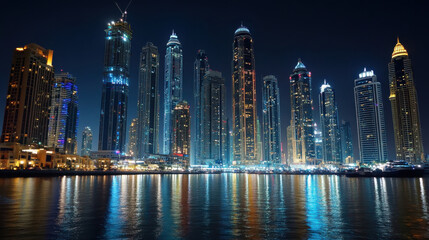 Fototapeta premium Brightly lit skyscrapers tower against the night sky, reflecting on the calm waters. The vibrant lights create a stunning urban landscape in Dubai, showcasing modern architecture and nightlife