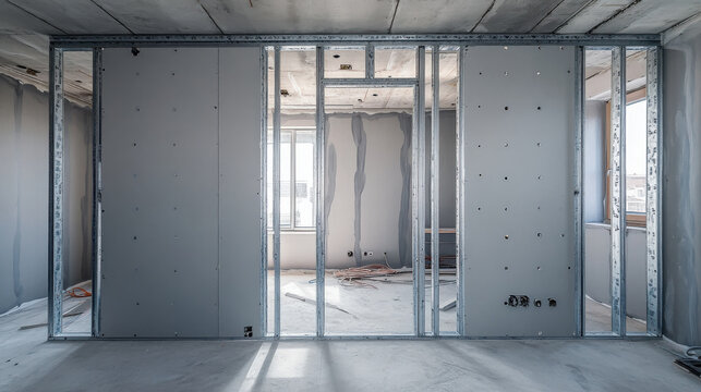 Construction workers are installing drywall in a modern workspace. The walls are framed with metal studs, and natural light enters through large windows. Tools and materials are scattered around