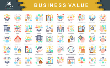 The Business Value icon set defines key drivers of success such as leadership, responsibility, and performance, ideal for strategic planning, stakeholder engagement, and brand identity.