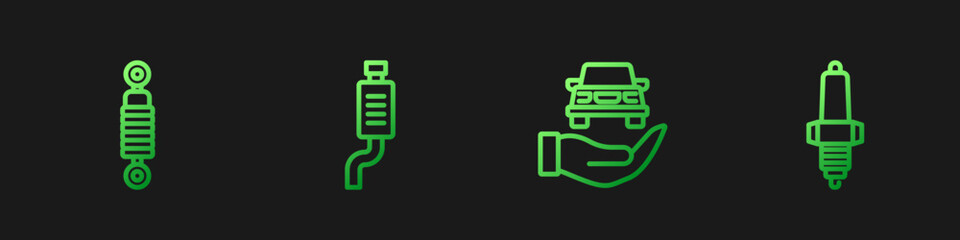 Set line Auto service check automotive, Shock absorber, Car muffler and spark plug. Gradient color icons. Vector