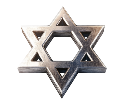 Star of David metal symbol representing Judaism and Jewish faith, isolated on white backdrop. This religious symbol carries deep cultural meaning, ancient spiritual symbol rendered metallic. - Powered by Adobe