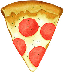 Watercolor illustration of various pizza slices