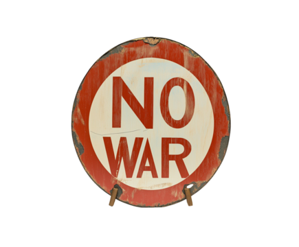 Vintage no war sign promotes peace. Round symbol seeking world peace. Demand peace.

