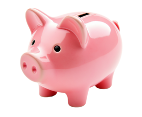Pink piggy bank isolated on white background symbolizes simple money savings approach. Classic coin bank for teaching financial literacy, personal savings. Focus on building future savings.
