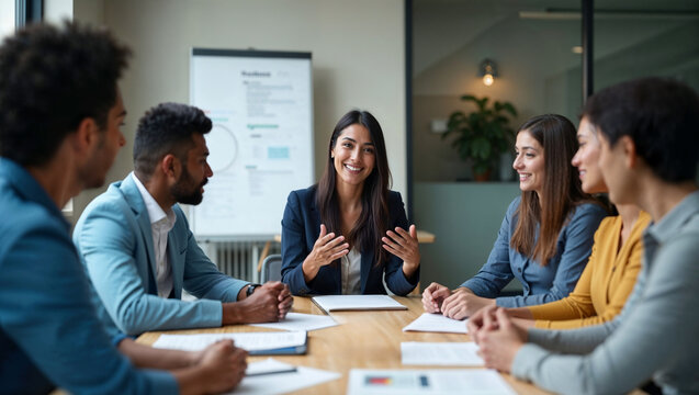 Indian HR representative welcoming new employees and explaining company benefits in modern office setting promoting positive onboarding experience - Powered by Adobe