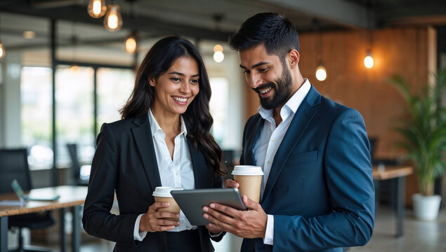 Indian HR manager and team member having friendly informal discussion during coffee break at modern office fostering communication and trust