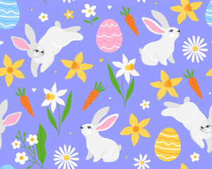Seamless pattern for Easter day. Cute easter illustrations on a blue background. Bunnies, spring flowers, Easter eggs and carrots.