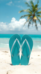 Pair of turquoise flip-flops standing upright on sandy beach with turquoise ocean and blue sky in the background, symbolizing summer vacation concept.