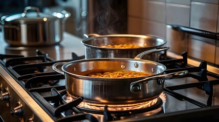 Close-up of a stainless steel pot boiling on a modern gas stove with a bright blue flame, warm kitchen background blurred,Generative Ai
