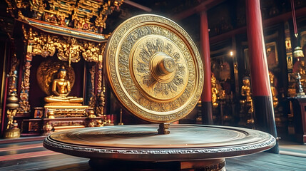 Spinning golden dharma wheel in ornate Asian temple