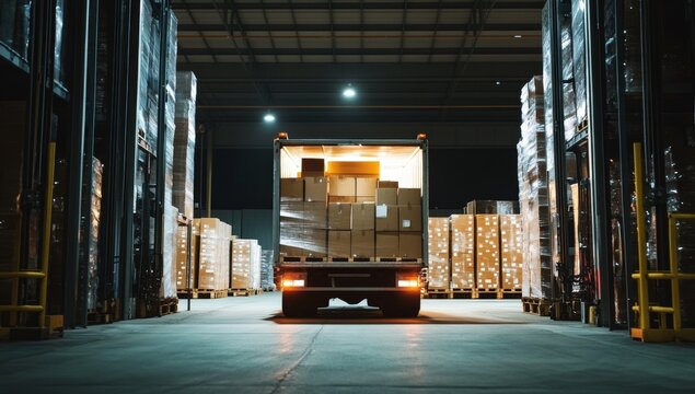 Loaded truck inside warehouse at night