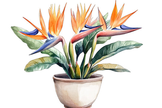 a vibrant watercolor illustration of a bird of paradise plant in a decorative pot showcasing its striking orange and blue flowers amidst lush green leaves ideal for botanical art enthusiasts