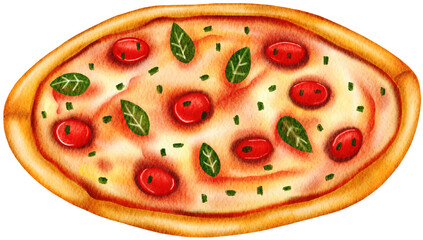 Watercolor illustration of various whole pizza