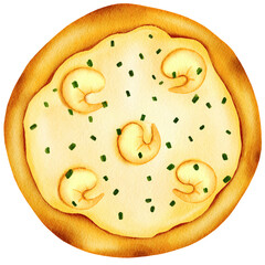 Watercolor illustration of various whole pizza