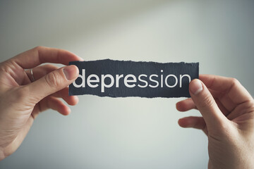 Close-up of hands holding torn dark gray paper with the word "depression" in white lettering.  Illustrates a concept of fragility and the struggle with mental health.